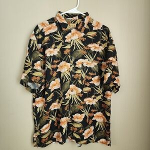 Jos. A Bank Size L Floral Black and Orange Men's Shirt 100% Silk Hawaiian